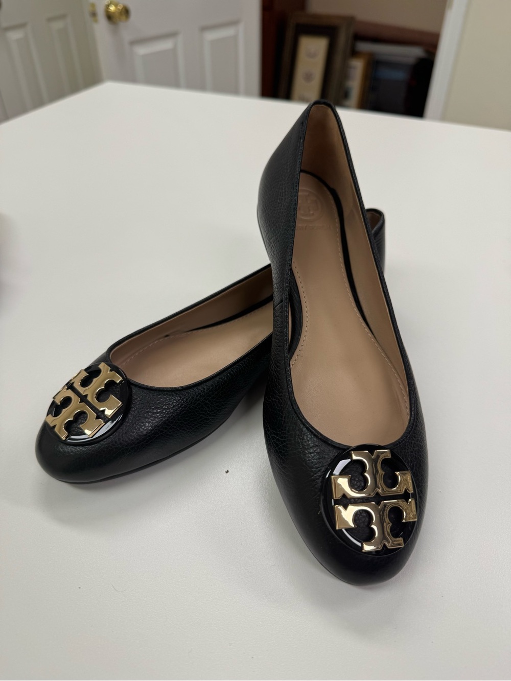 Tory Burch Black Leather Ballet Flats with Gold Logo Medallion